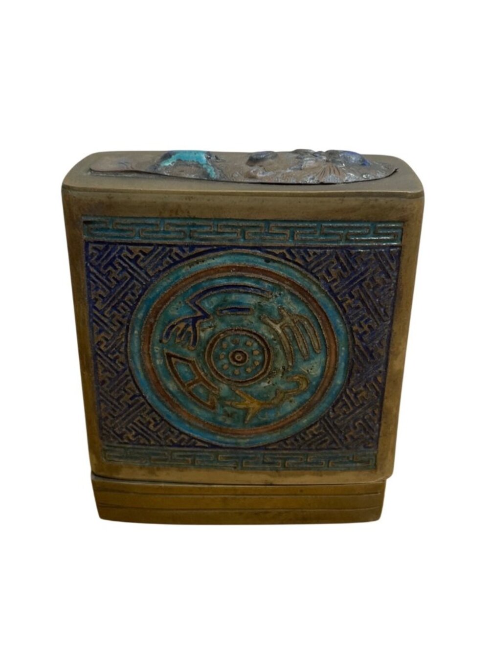 Vtg Brass Enameled Cigarette Holder Case Intricate Cloisonné Scarabs Aged Patina